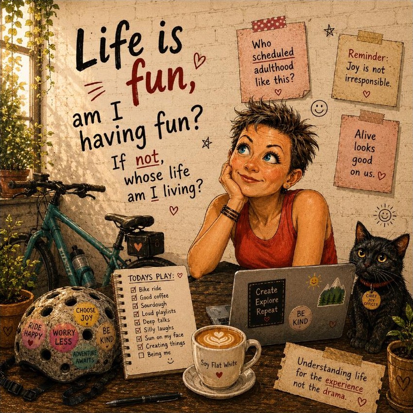 Ali with her coffee and black cat, surrounded by playful reminders from Life’s Playground